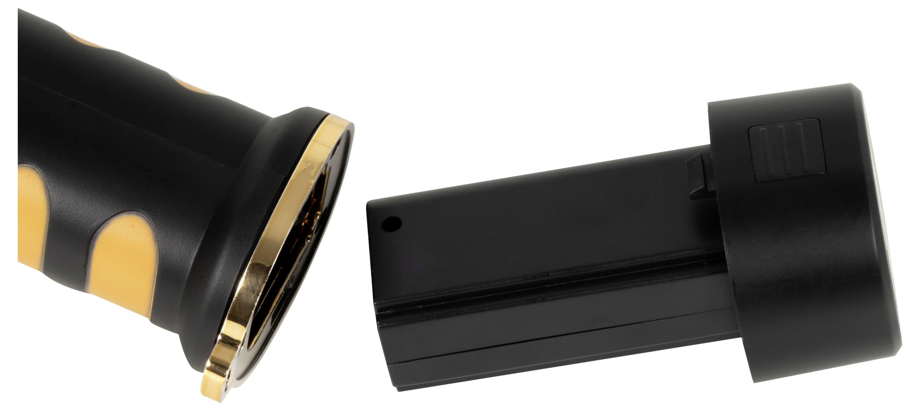 Schwarze Taschenlampe mit goldfarbigem Akzentring und abgenommenem schwarzem Deckel/Batteriefach, in zwei separaten Teilen auf weißem Hintergrund dargestellt