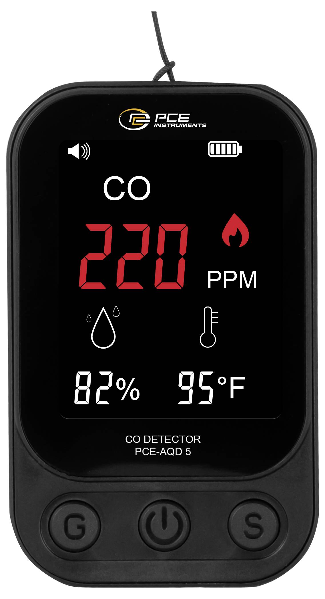 Tragbarer CO-Detektor mit Anzeige zeigt 220 PPM, Batterieladezustand, 82% Luftfeuchtigkeit und 95°F Temperatur auf einem schwarzen Gerät an.