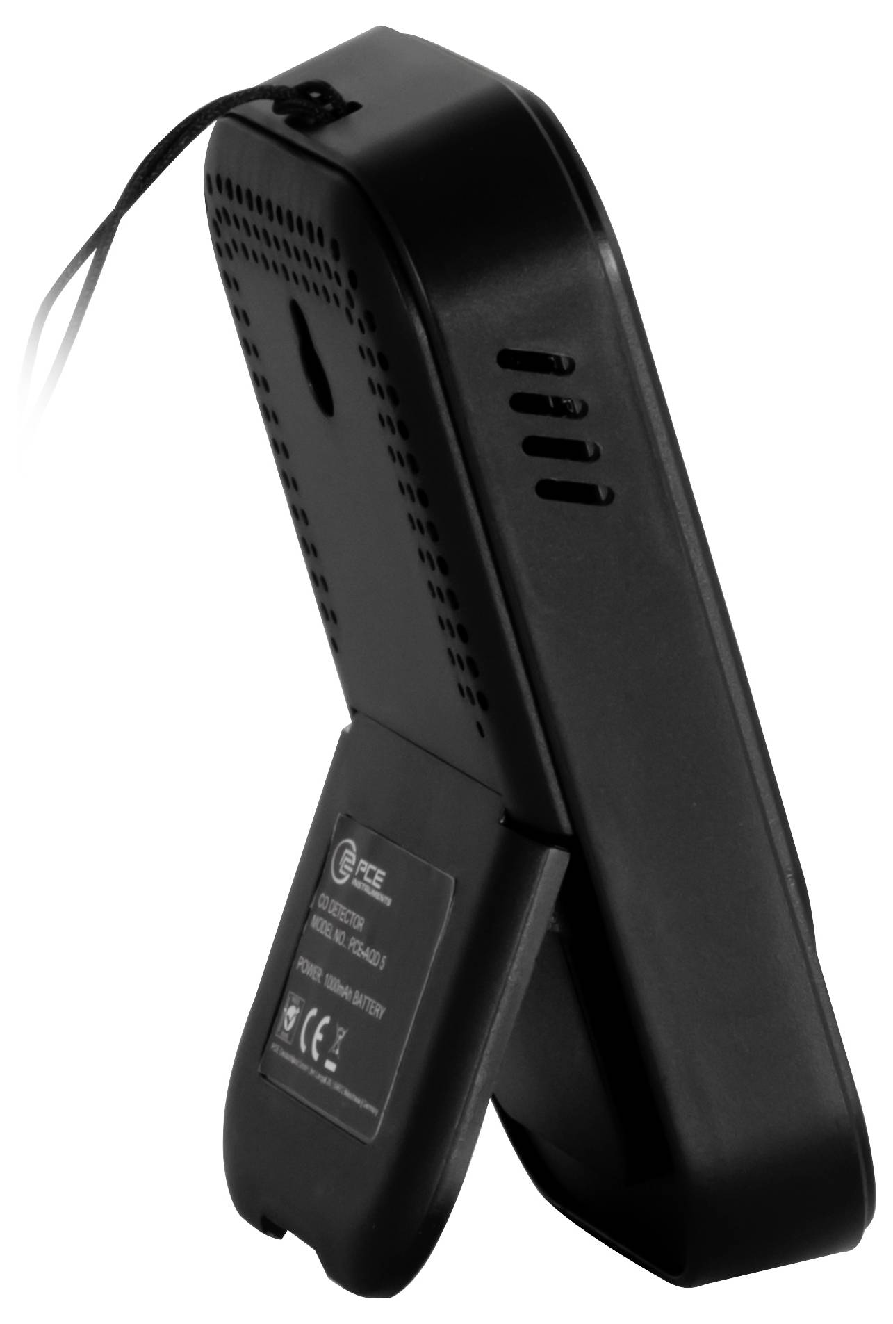 Schwarzes tragbares elektronisches Gerät mit Handgelenkschlaufe, in Profilansicht auf weißem Hintergrund dargestellt.