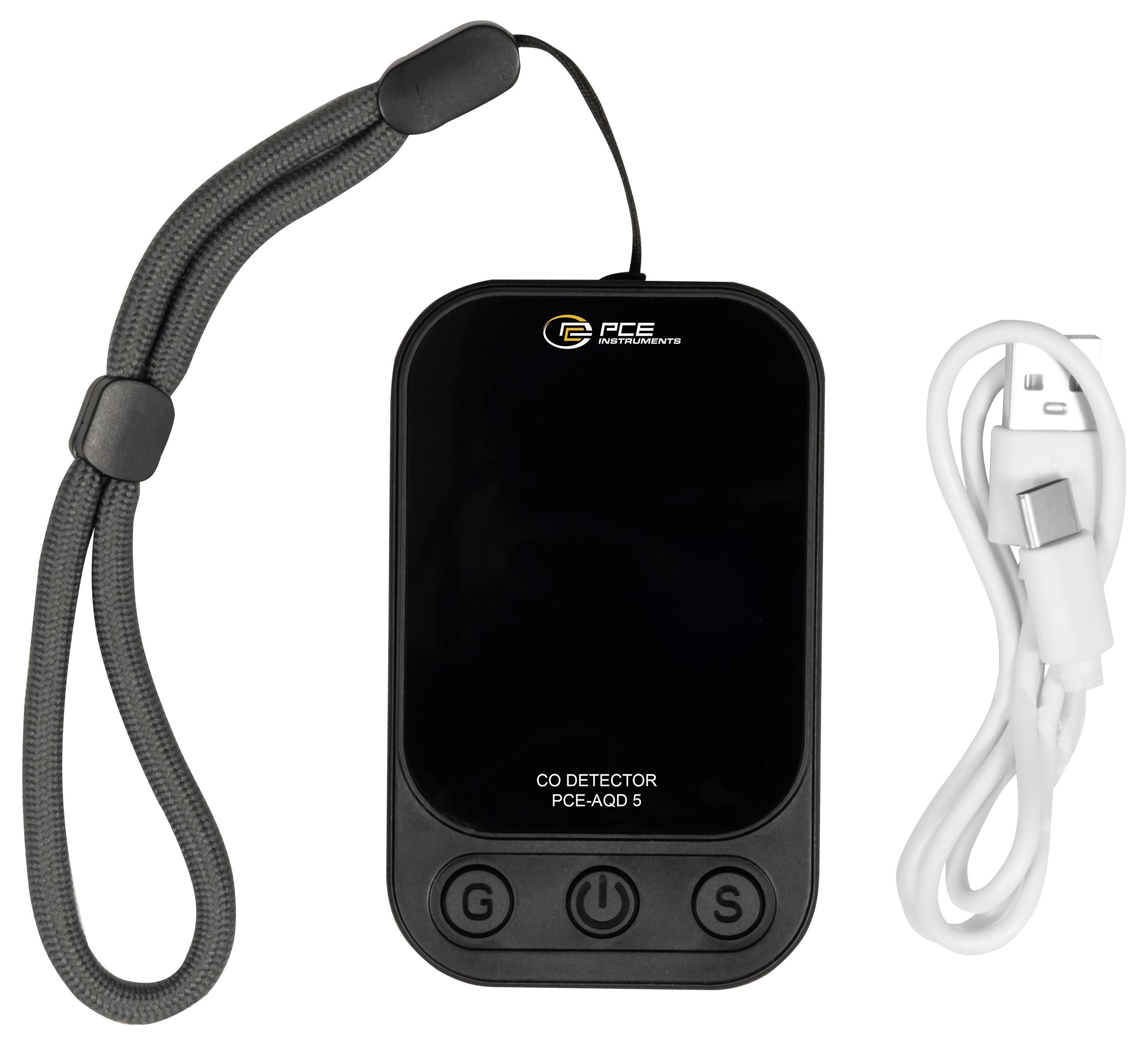 Tragbarer PCE AQD 5 CO-Detektor mit Handgelenksriemen und USB-Ladekabel auf weißem Hintergrund.