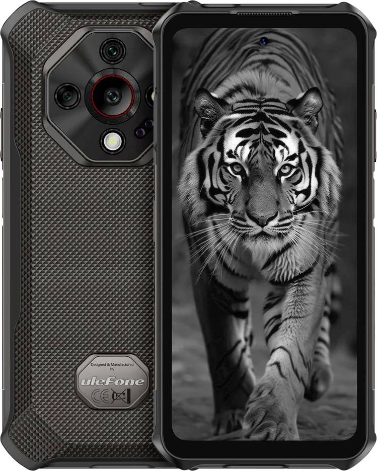 Robustes schwarzes Smartphone von vorne und hinten gezeigt, mit Tiger-Hintergrundbild auf dem Bildschirm und strukturierter schützender Rückseite mit Multi-Objektiv-Kameramodul.