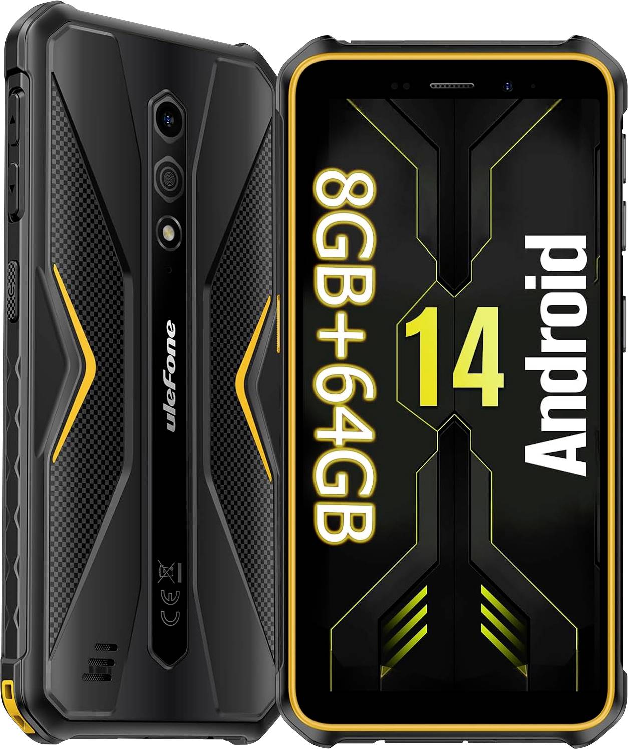 Front- und Rückansichten eines robusten schwarzen Ulefone-Smartphones mit "8GB+64GB" und "Android 14" auf dem Display.