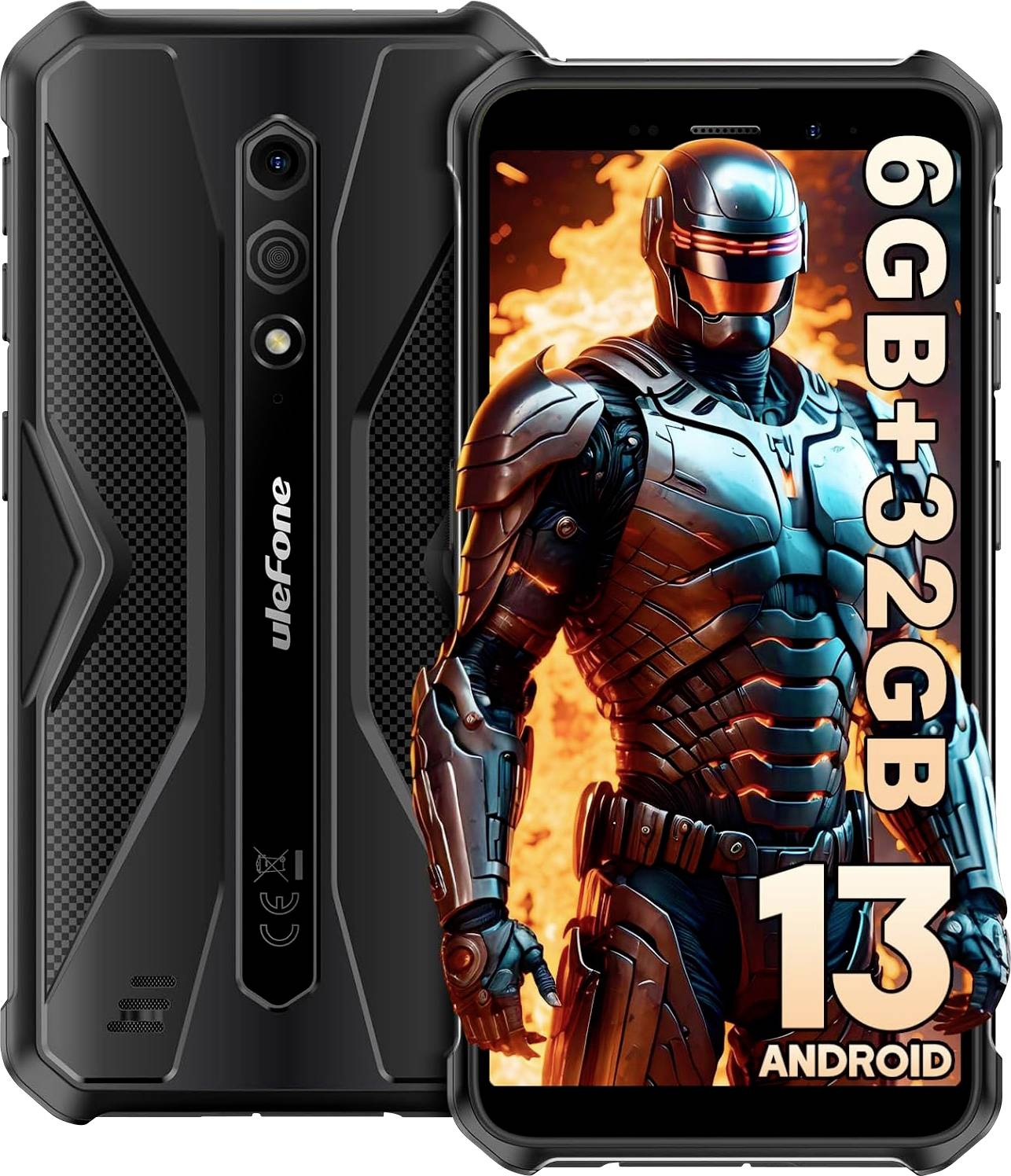 Robustes Ulefone-Smartphone von vorne und hinten gezeigt, mit einer Bildschirmanzeige, die "6GB+32GB" und "13 Android" neben einer gepanzerten Figur auflistet.