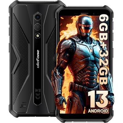 Robustes Ulefone-Smartphone von vorne und hinten gezeigt, mit einer Bildschirmanzeige, die "6GB+32GB" und "13 Android" neben einer gepanzerten Figur auflistet.