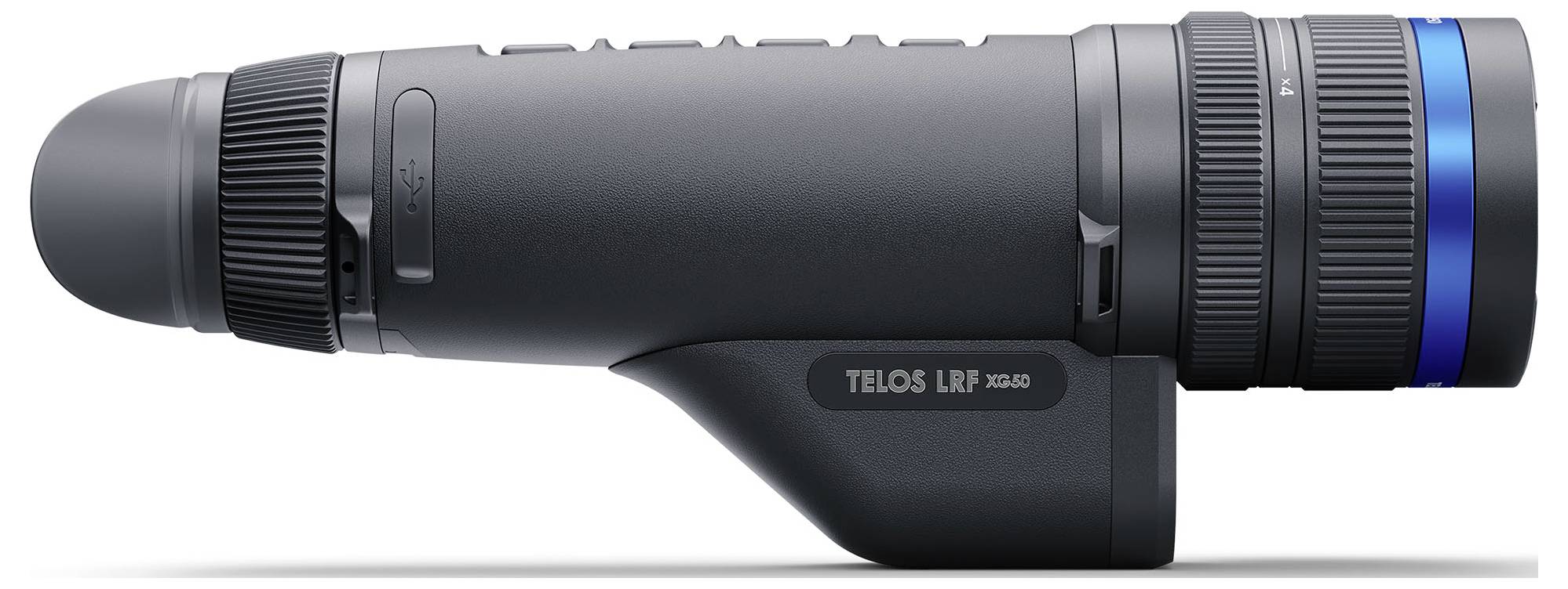 Schwarzes teleskopisches Kameraobjektiv oder Zielfernglas mit der Bezeichnung "TELOS LRF" mit blauem Akzentring, in Seitenansicht auf weißem Hintergrund gezeigt.