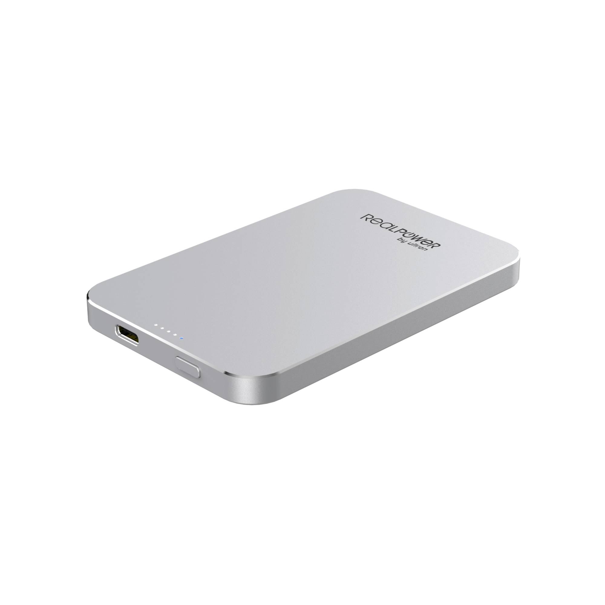 Tragbares silbernes externes Festplattenlaufwerk mit USB-C-Anschluss und LED-Anzeige, dargestellt auf weißem Hintergrund.