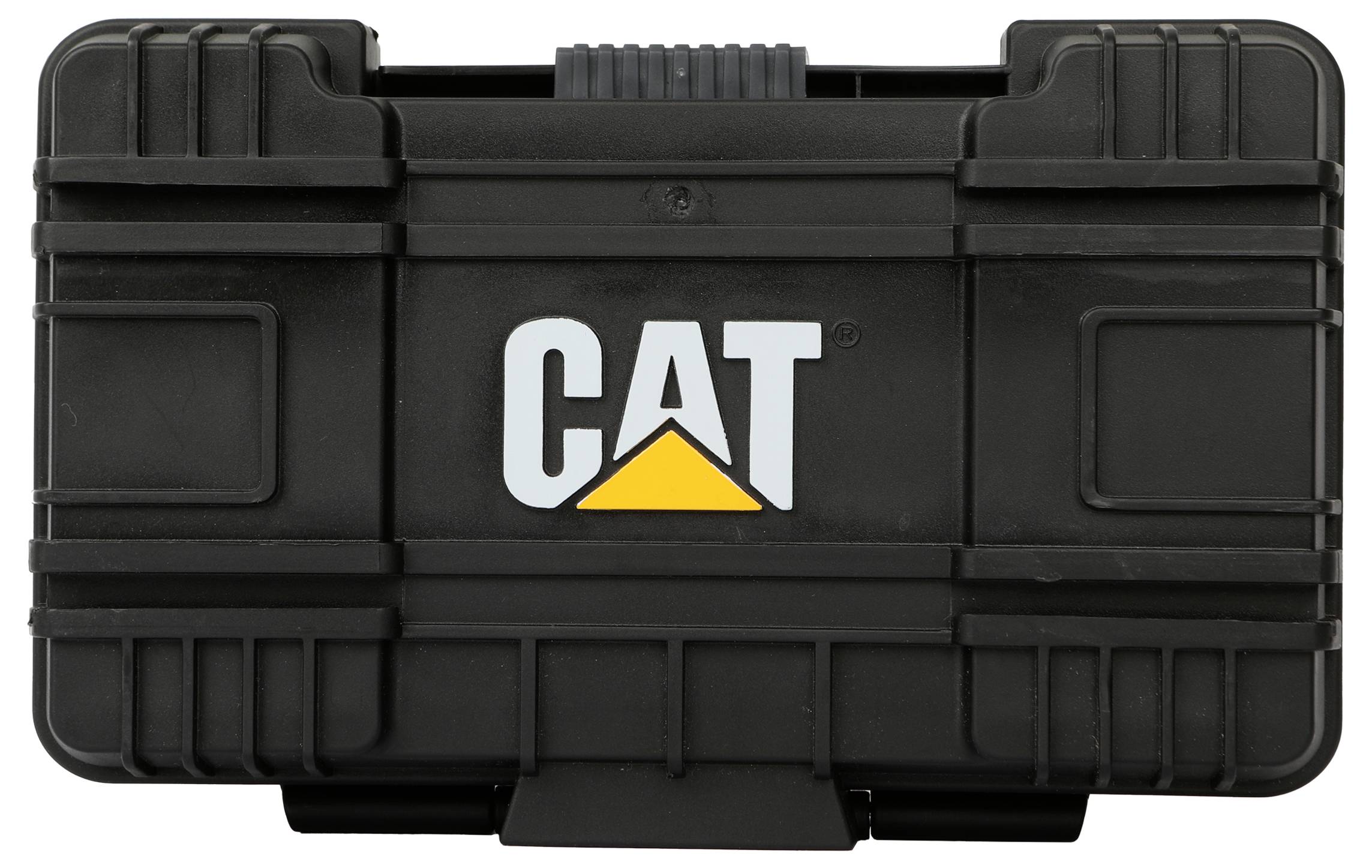 Schwarze Hartschalenschutzhülle mit zentriertem CAT-Logo auf der Vorderseite.