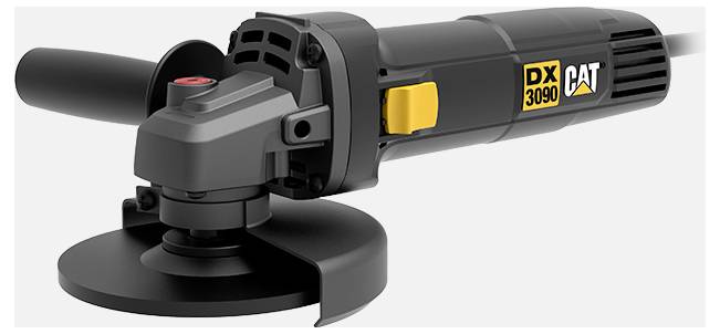 Schwarze und gelbe DEWALT DX CAT 3090 Winkelschleifer mit Seitengriff und großem Schutzschirm, dargestellt auf weißem Hintergrund.