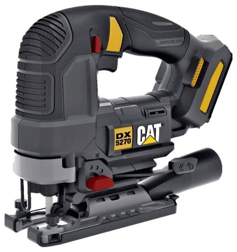 CAT DX5270 kabellose Stichsäge mit schwarzem und gelbem Griff, Akkupack und Metallbasisbatterie auf weißem Hintergrund.