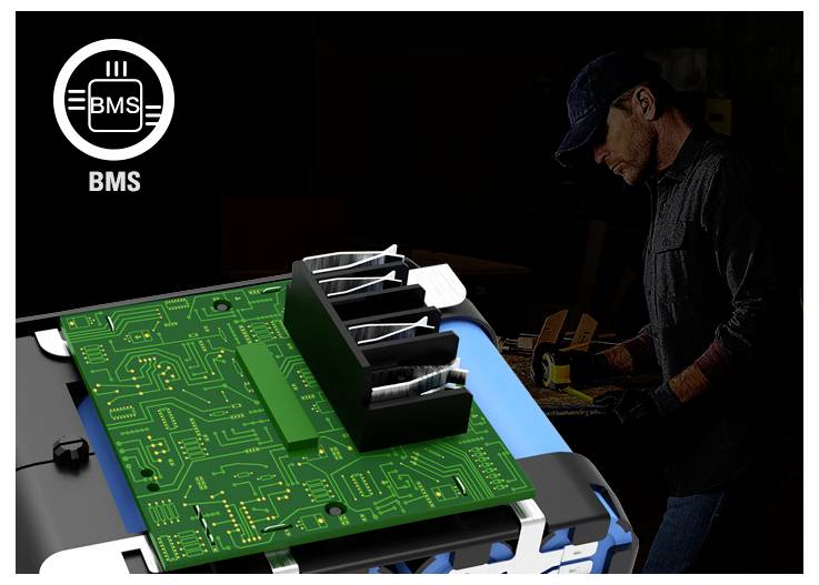 BMS-Logo neben einer Illustration eines Batteriemanagementsystems, mit einem Techniker, der im Hintergrund Geräte überprüft.