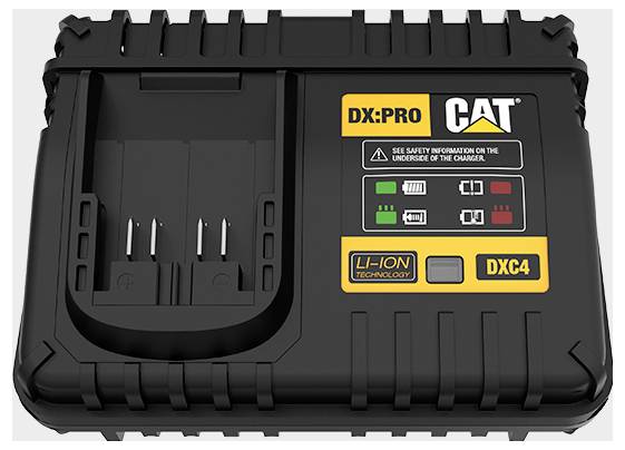 Schwarze DX.PRO CAT Lithium-Ionen-Ladegerätstation mit leerer Ladeschacht, gekennzeichnet mit „DXC4" und Batteriestatus-Anzeigen auf der Frontplatte.