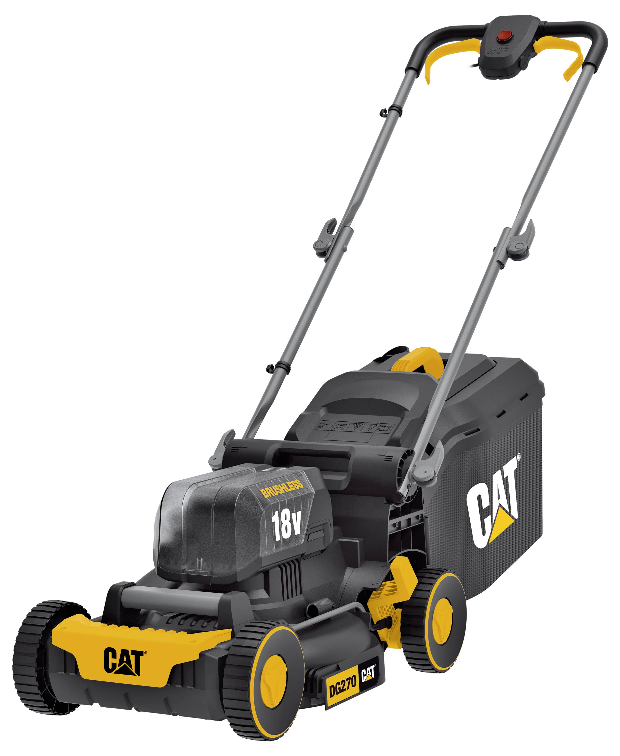 CAT 18V schnurloses Elektro-Rasenmäher mit Grasfangbehälter und verstellbarem Griff, dargestellt auf weißem Hintergrund.