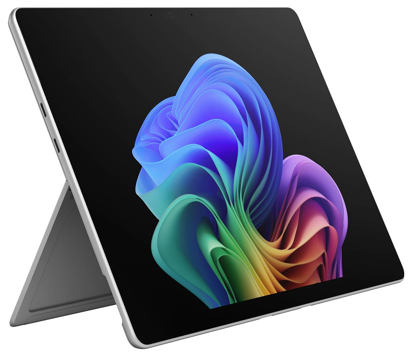 Ein Microsoft Surface-ähnliches Tablet im Kickstand-Modus, das ein farbenfrohe abstrakte Blumentapete auf einem schwarzen Bildschirm anzeigt.