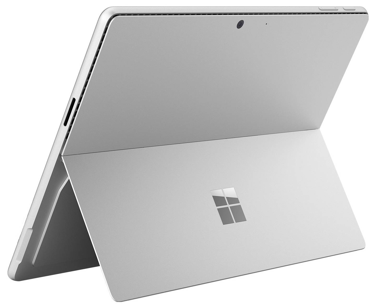 Rückansicht eines silbernen Microsoft Surface-Tablets im Ständermodus, die das Rückenlogo und die rückwärtige Kamera zeigt.