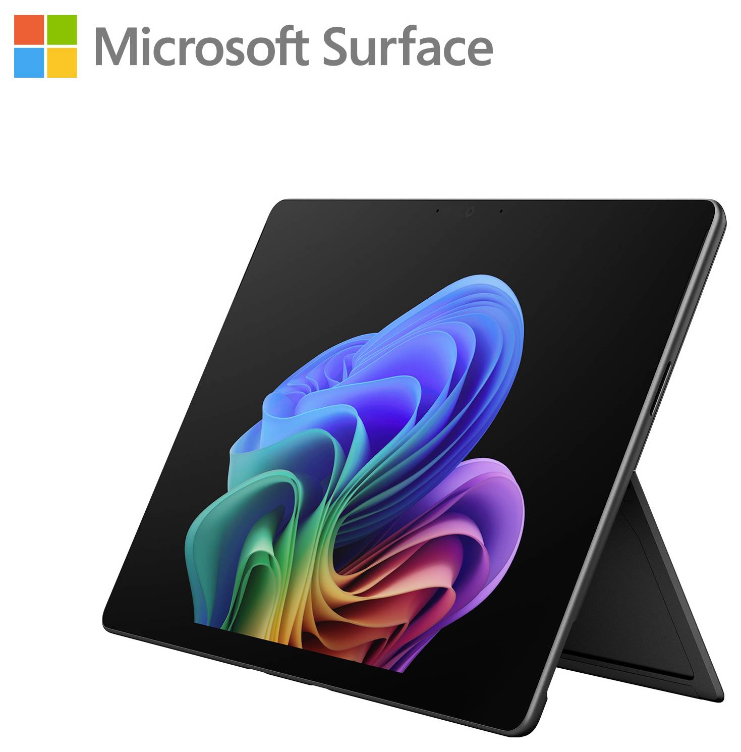 Microsoft Surface Tablet im Ständermodus mit farbenfrohem abstraktem Hintergrund auf dem Bildschirm, auf weißem Hintergrund mit Surface-Logo dargestellt.