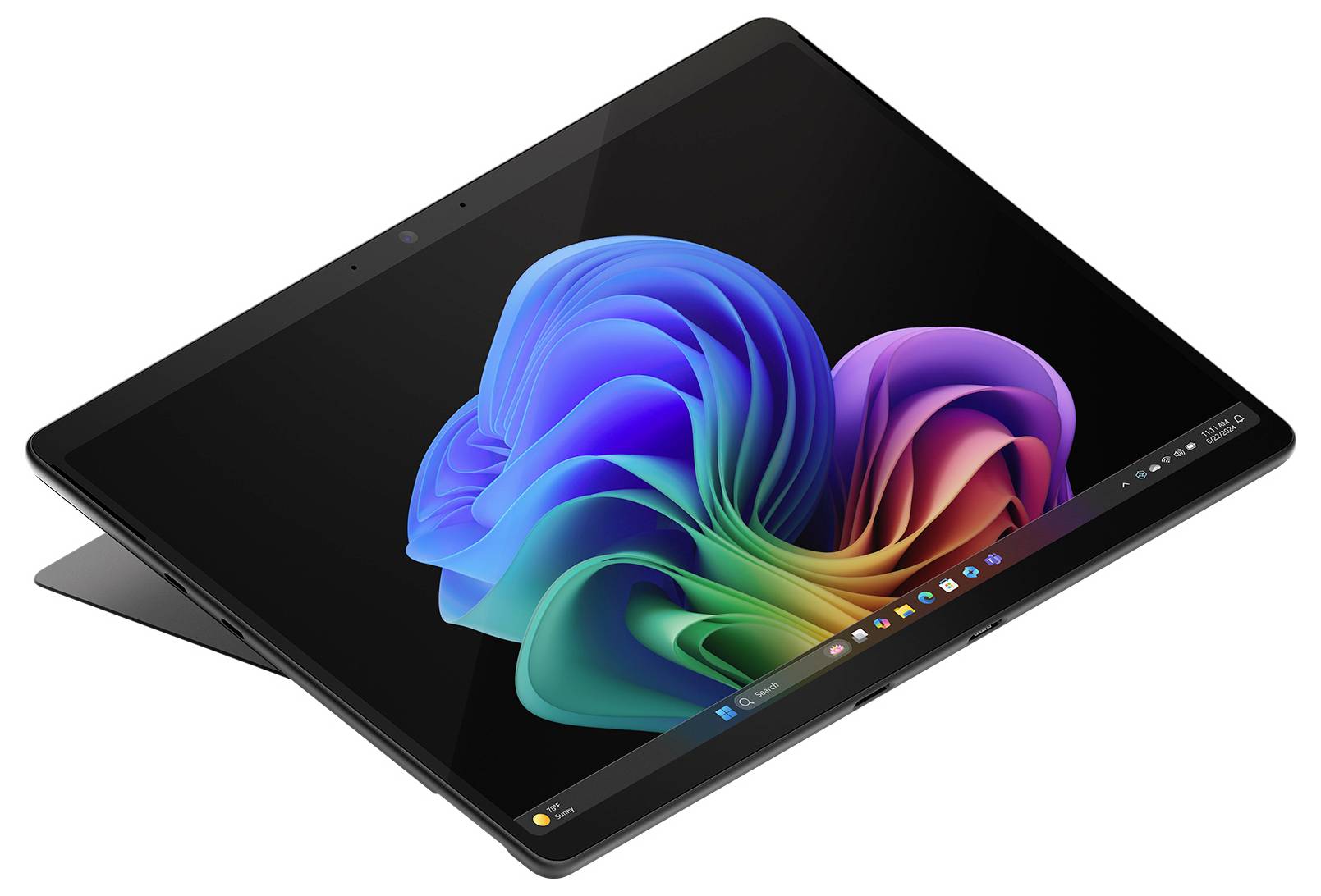 Ein Laptop im Tablet-Modus mit der bunten Wirbel-Tapete von Windows 11 auf schwarzem Bildschirm.