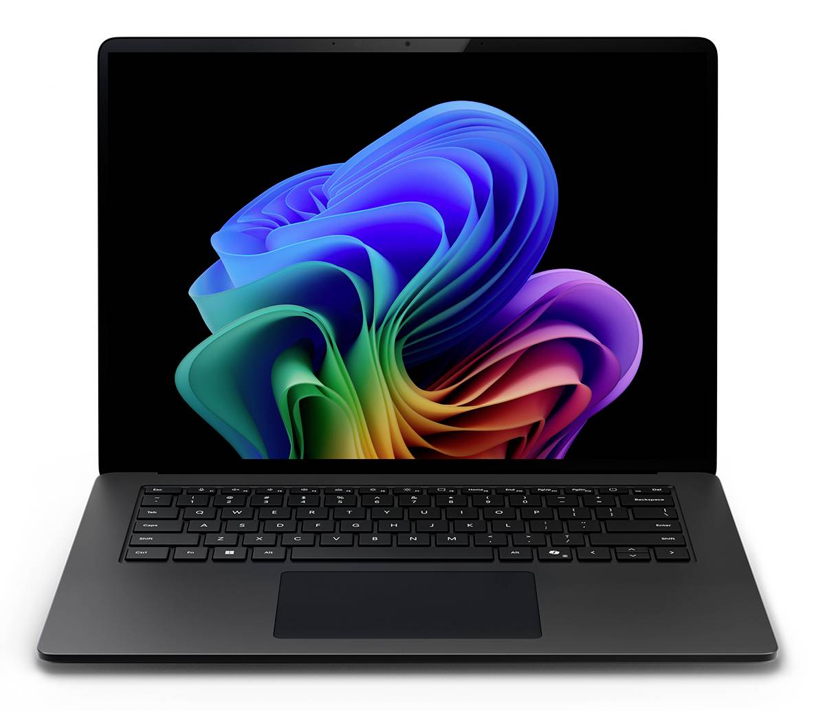 Offenes Laptop-Computer mit schwarzem Bildschirm, auf dem eine farbenfrohe abstrakte Wirbel-Tapete angezeigt wird.