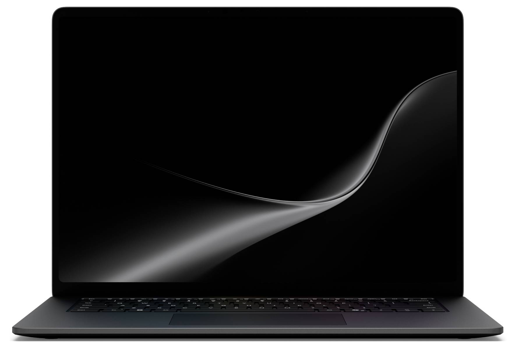 Ein geschlossener Laptop mit schwarzem Bildschirm, auf dem eine grau fließende Wellengrafik angezeigt wird.