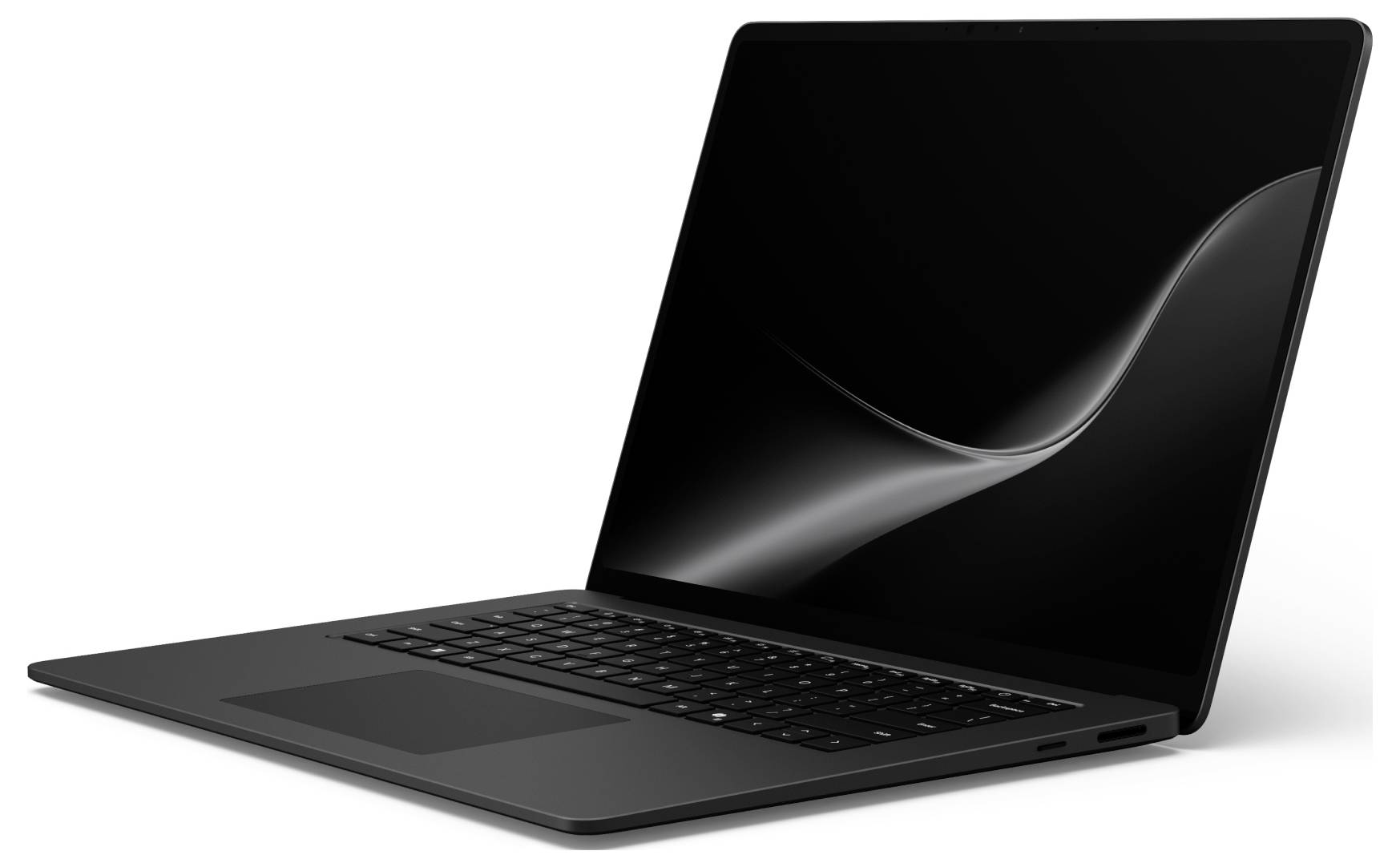 Schlanker schwarzer Laptop mit geöffnetem Bildschirm und Tastatur auf weißem Hintergrund.