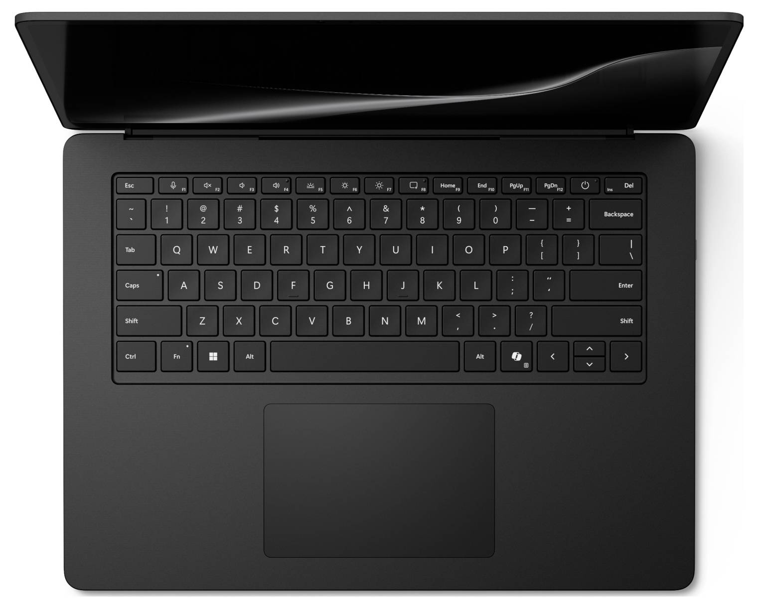Draufsicht auf einen offenen schwarzen Laptop, der die Tastatur und das große Touchpad auf einem einfachen Hintergrund zeigt.