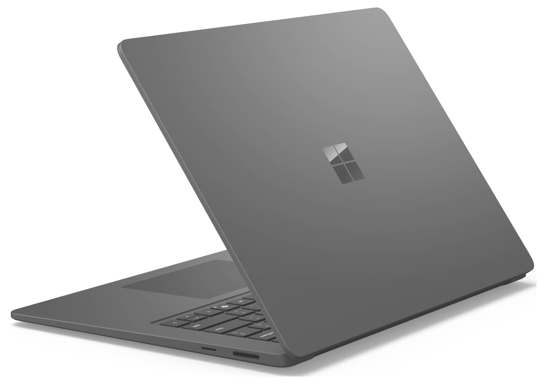 Geschlossener grauer Microsoft Surface Laptop, der in einem Winkel mit teilweise geöffnetem Deckel auf weißem Hintergrund gezeigt wird.