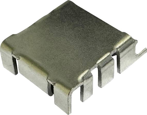 Nahaufnahme einer kleinen metallischen elektronischen oberflächenmontiert Chip-Komponente mit vier Möwenflügel-Anschlüssen auf weißem Hintergrund.