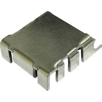 Nahaufnahme einer kleinen metallischen elektronischen oberflächenmontiert Chip-Komponente mit vier Möwenflügel-Anschlüssen auf weißem Hintergrund.