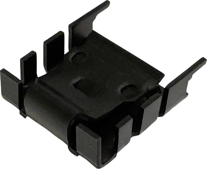 Schwarze elektronische Oberflächenmontage-Komponente mit mehreren Metallstiften, isoliert auf weißem Hintergrund dargestellt.