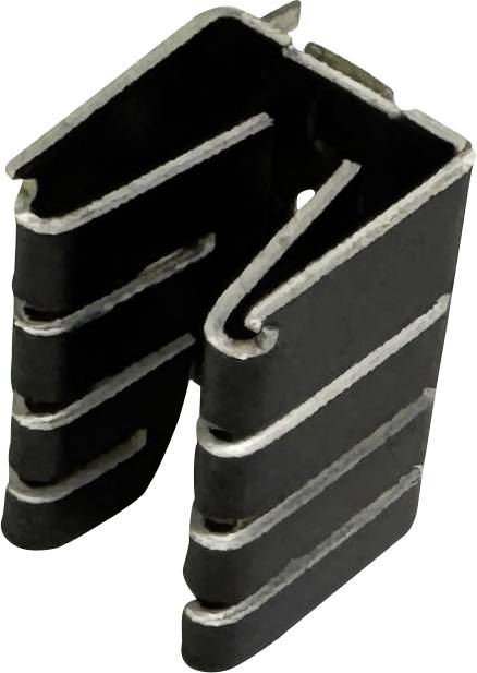 Schwarzer U-förmiger Metallclip mit drei parallelen Schlitzrippen, dargestellt auf weißem Hintergrund.