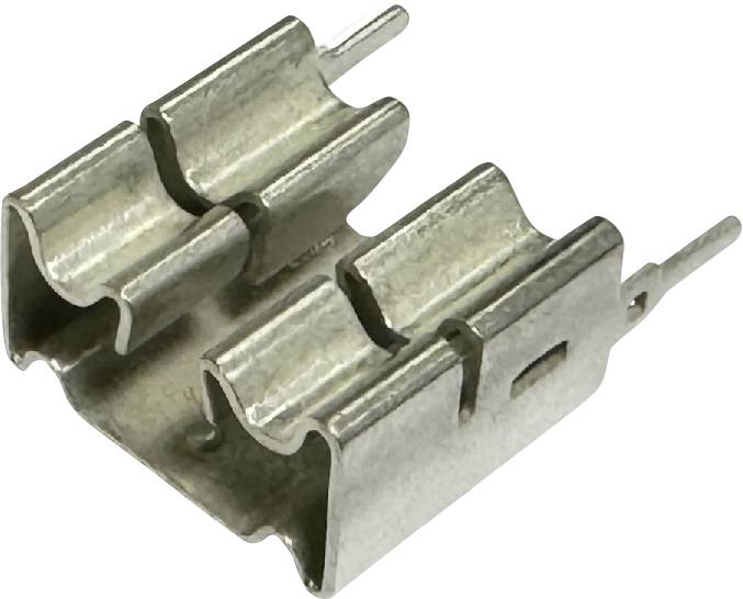 Zwei Metall-Elektrostecker-Clips mit angebrachten Stiften auf weißem Hintergrund.