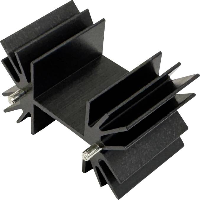 Schwarzer Kühlkörper aus Aluminium mit Rippen und zwei Metallbefestigungsclips, dargestellt auf weißem Hintergrund.