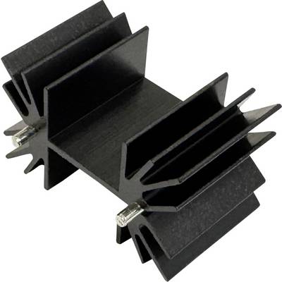 Schwarzer Kühlkörper aus Aluminium mit Rippen und zwei Metallbefestigungsclips, dargestellt auf weißem Hintergrund.