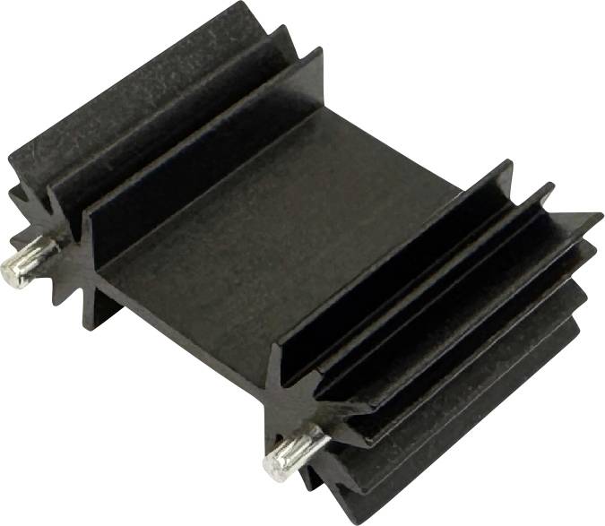 Schwarzer Kühlkörper mit Lamellen für elektronische Komponenten, gezeigt in einer angewinkelten Produktansicht mit Befestigungsstiften.