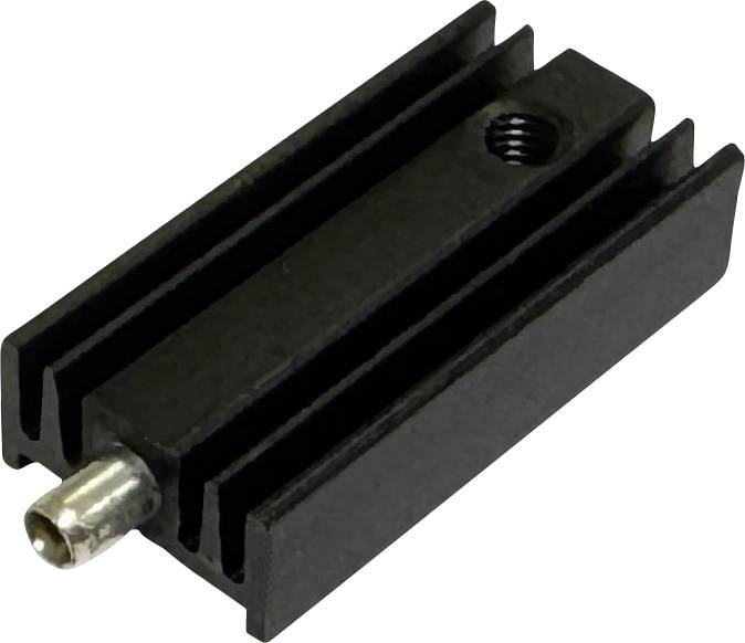 Schwarze Kühlrippen aus Metall mit einem Gewindeloch und einem kleinen silbernen Stecker, der an einem Ende hervorsteht, auf weißem Hintergrund dargestellt.