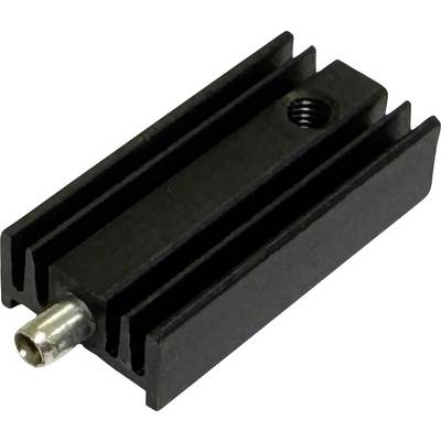 Schwarze Kühlrippen aus Metall mit einem Gewindeloch und einem kleinen silbernen Stecker, der an einem Ende hervorsteht, auf weißem Hintergrund dargestellt.