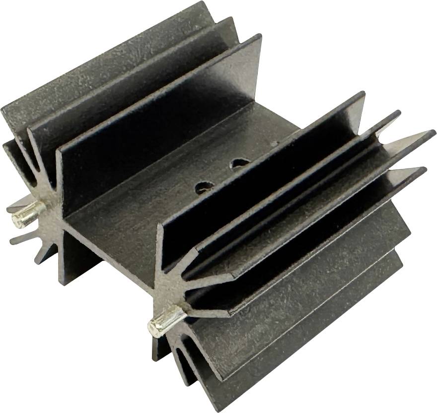 Schwarzer Kühlkörper aus Metall mit Lamellen und zwei Befestigungsclips, dargestellt auf weißem Hintergrund.