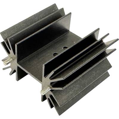 Schwarzer Kühlkörper aus Metall mit Lamellen und zwei Befestigungsclips, dargestellt auf weißem Hintergrund.