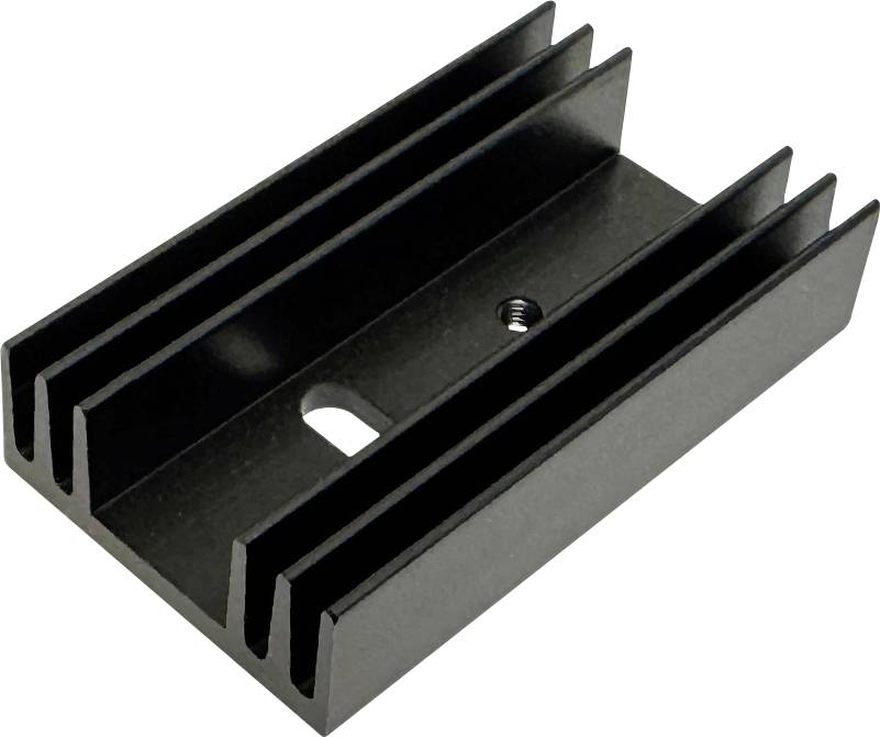 Schwarze Aluminiumkühlrippe mit Rippen und Befestigungslöchern, gezeigt auf weißem Hintergrund.