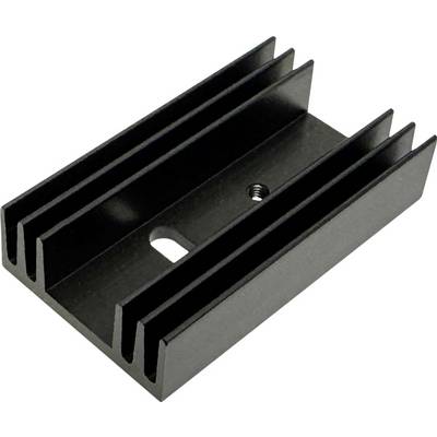 Schwarze Aluminiumkühlrippe mit Rippen und Befestigungslöchern, gezeigt auf weißem Hintergrund.
