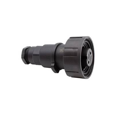 Schwarzer zylindrischer elektrischer Stecker oder Adapter mit gewindeltem kreisförmigem Ende auf weißem Hintergrund.