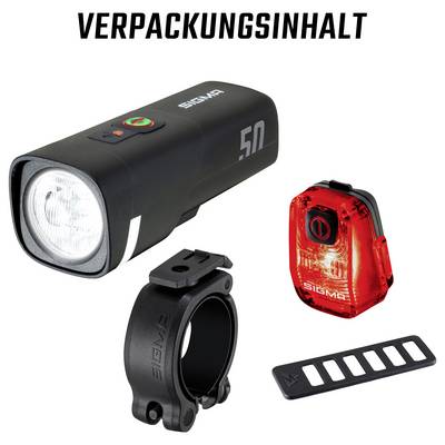 Set für Fahrradbeleuchtung: schwarze Frontlampe, rote Rückleuchte, Lenkerhalterung und Gummistreifen, oben mit 'VERPACKUNGSINHALT'<br>