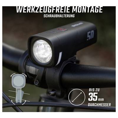 Fahrradlampe mit Werkzeugmontage per Schraubhalterung am Lenker; geeignet für Lenker bis 35 mm Durchmesser.