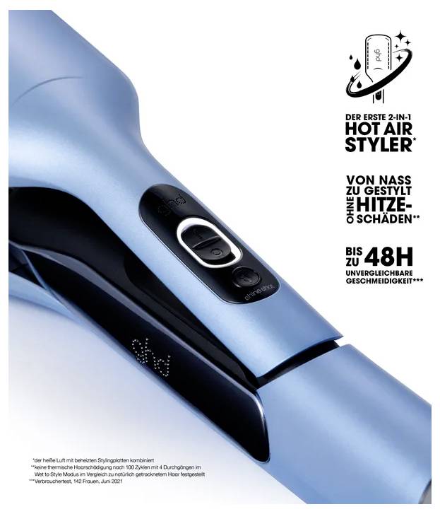 Produktfoto eines blauen 2-in-1-Hot-Air-Stylers mit Text: 'Der erste 2-in-1 Hot Air Styler', 'von nass zu gestylten Hitzeschäden*', 'bis zu 48H unvergessliche Geschwindigkeit***'.