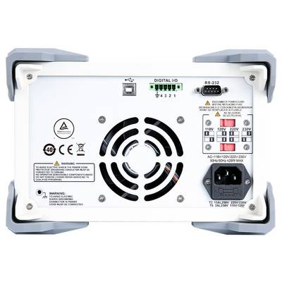 Rückansicht eines Labornetzteils mit Kühlventilator, AC-Eingang, digitalen Ein-/Ausgängen und RS-232-Anschlüssen sowie Spannungswählschaltern.