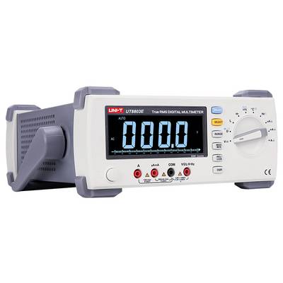 Vorderansicht eines digitalen Multimeters UNI-T UT8803E mit blauem 000,0-Display, Funktionstasten, Eingangsbuchsen und einem drehbaren Wählknopf.