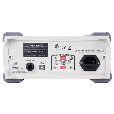 Rückseite eines AC/DC-Stromversorgungsgeräts mit Warnaufklebern, Sicherungshalter, USB-Anschluss, AC-Spannungswähler und IEC-Stromeingang.