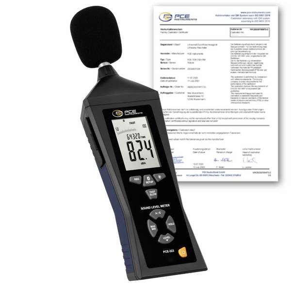 PCE Instruments Schallpegel-Messgerät kalibriert (ISO) Datenlogger PCE-323-ICA 30 dB (min.) 31.5 Hz - 8 kHz USB, Bluetooth®