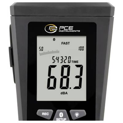 PCE Instruments Schallpegelmesser zeigt 68,3 dBA im FAST-Modus an, mit der Zeit 5:43:20 und REC/SETUP-Steuerungen.