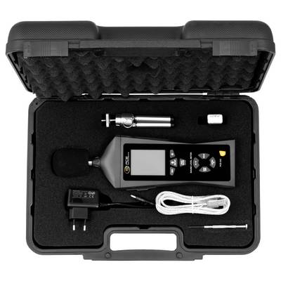 Tragbares Schallpegelmessgerät-Set in einem Transportkoffer mit tragbarem Messgerät, Mikrofon, Kalibrierzubehör, Kabel, Ladegerät und Sonde.