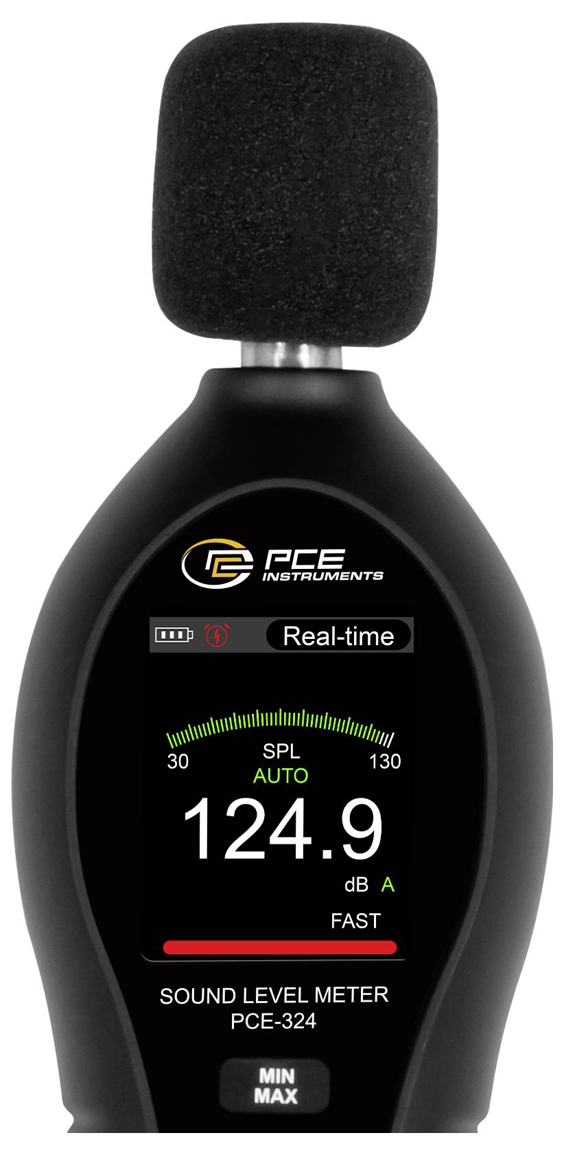 Digitales Schallpegelmessgerät mit Echtzeit-SPL-Anzeige 124,9 dB A, mit sichtbarem "FAST"-Modus und "MIN MAX"-Taste auf dem Display.